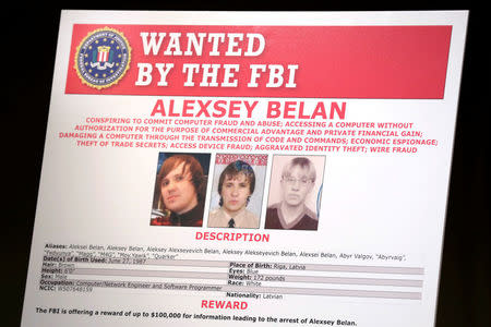 A poster of suspected Russian hackers is seen before FBI National Security Division and the U.S. Attorney's Office for the Northern District of California joint news conference at the Justice Department in Washington, U.S., March 15, 2017. REUTERS/Yuri Gripas