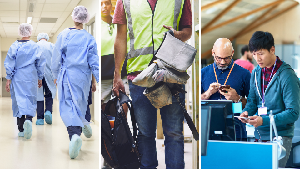 Healthcare workers, a tradie and two men working on smartphones in a modern office.