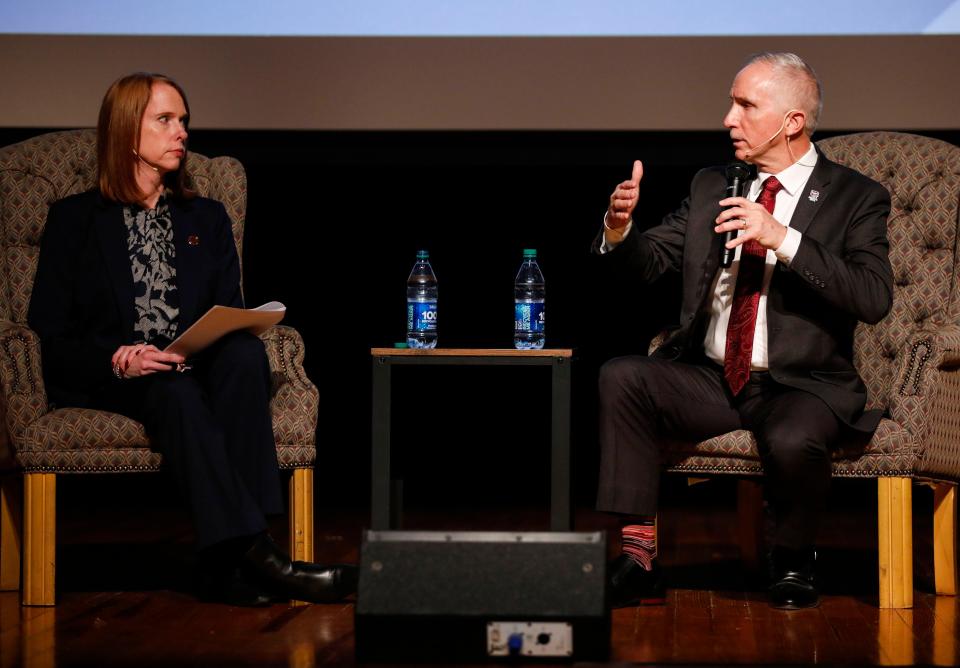 John Jasinski, a finalist for the Missouri State University president job, answers questions at a forum in the Plaster Student Union auditorium on Tuesday, Feb. 27, 2024.