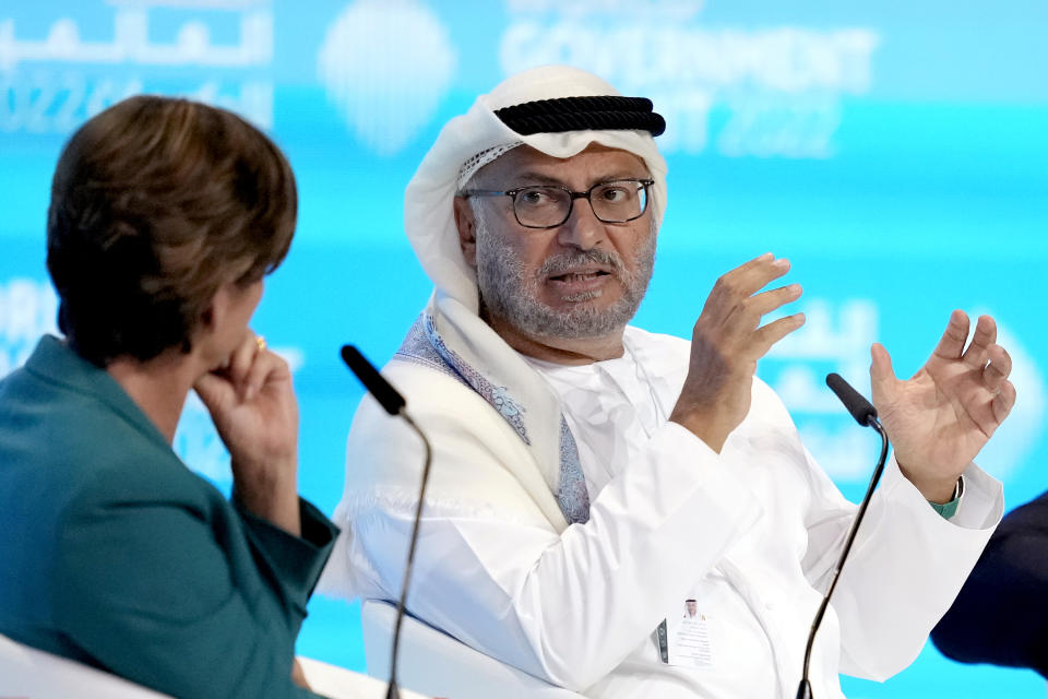 Emirati Minister of State for Foreign Affairs Anwar Gargash speaks during the World Government Summit at the Dubai Expo 2020, in Dubai, United Arab Emirates, Tuesday, March 29, 2022. Saudi Arabia's energy ministry said markets are going through a "jittery period" and reiterated Tuesday that the kingdom's ability to ensure energy security is no longer guaranteed. (AP Photo/Ebrahim Noroozi)