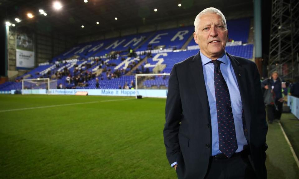 Mark Palios, the Tranmere chairman poses for photograph in front of one of the stands in 2019.