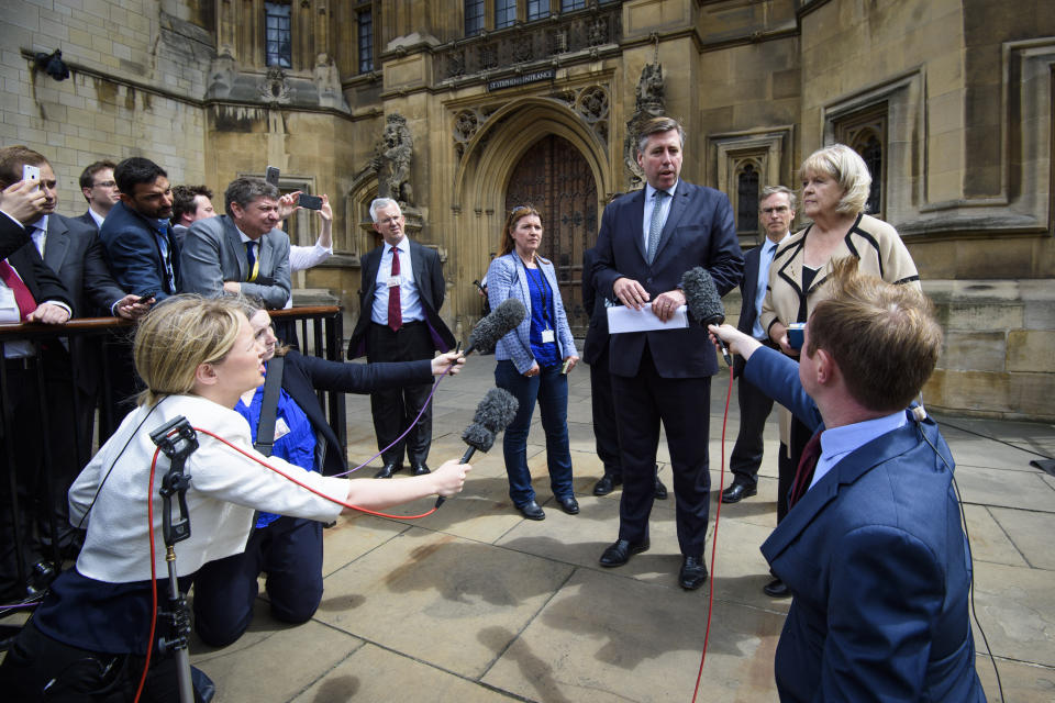 Chairman of the 1922 Committee Graham Brady makes a statement to reporters in Westminster, London, announcing Theresa May will be installed as the new Conservative leader.