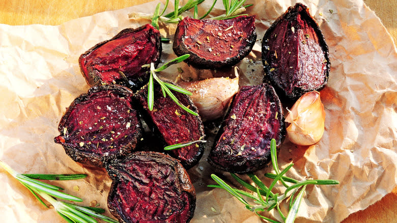 Roasted beets, garlic cloves, and rosemary