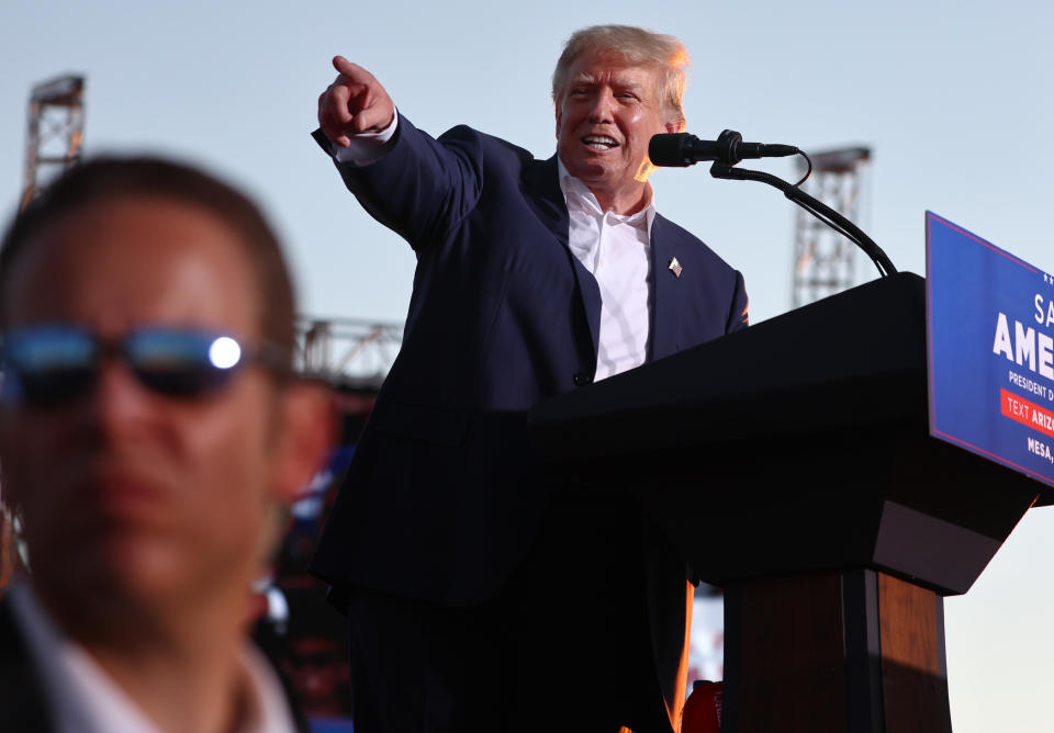 Former U.S. President Donald Trump speaks at a campaign rally at Legacy Sports USA on October 09, 2022 in Mesa, Arizona. Trump was stumping for Arizona GOP candidates, including gubernatorial nominee Kari Lake, ahead of the midterm election on November 8. / Credit: / Getty Images
