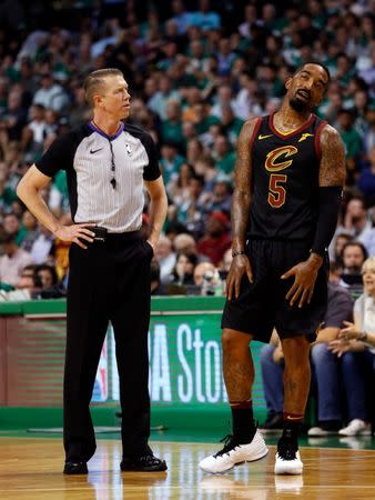 May 23, 2018; Boston, MA, USA; Cleveland Cavaliers guard JR Smith (5) reacts after a foul during the third quarter against the Boston Celtics in game five of the Eastern conference finals of the 2018 NBA Playoffs at TD Garden. Mandatory Credit: Greg M. Cooper-USA TODAY Sports