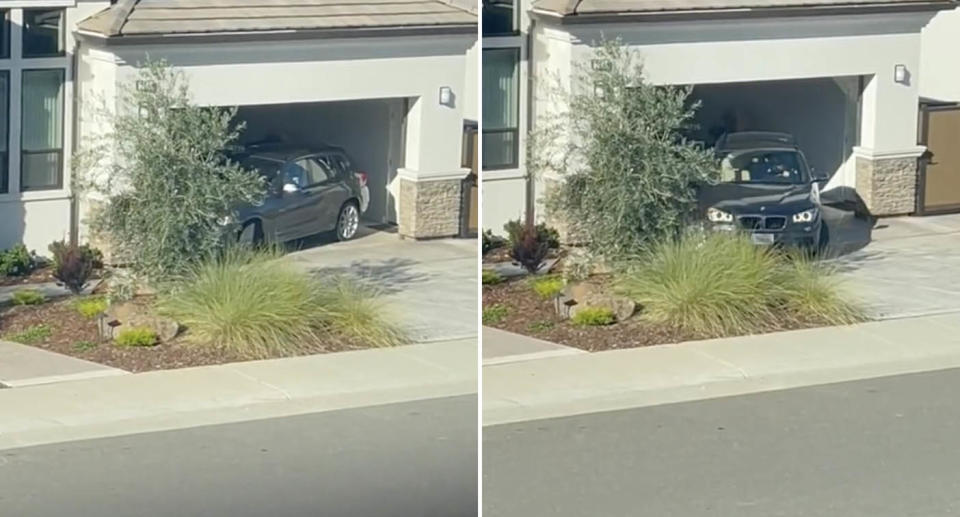 A BMW driver pulls out of their garage after parking it parallel. 