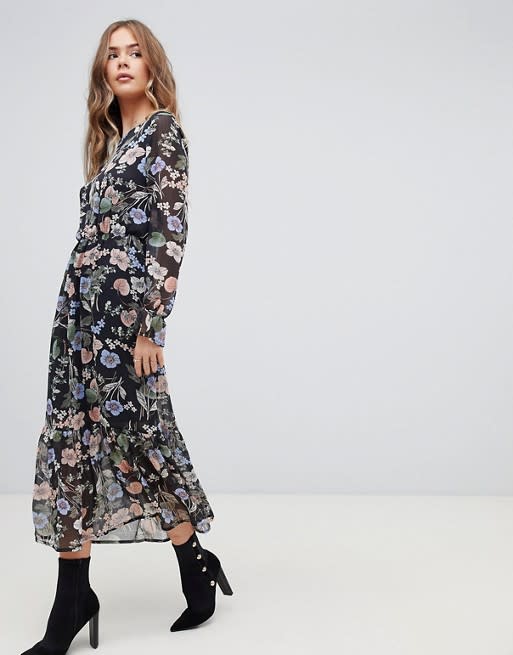 3) Chiffon Black Floral Midi Dress