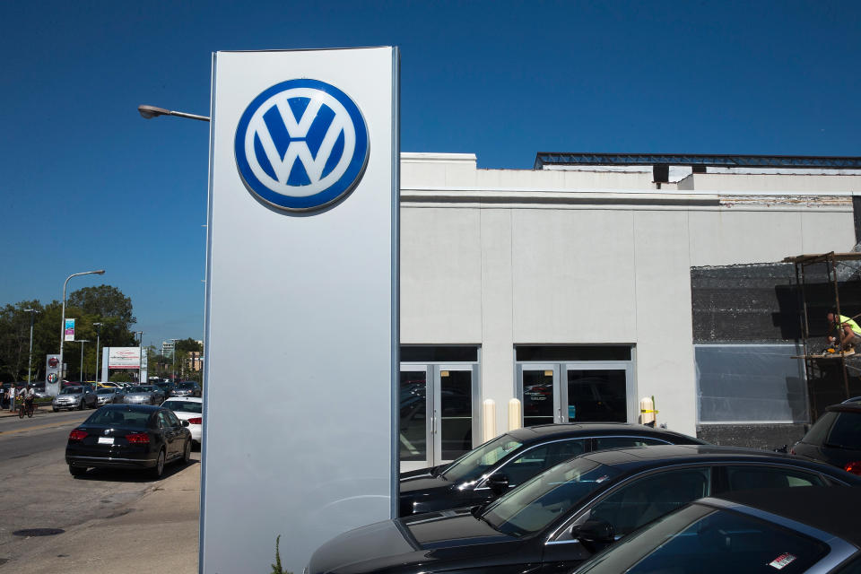 EVANSTON, IL - SEPTEMBER 22:  A sign marks the location of a Volkswagen dealership on September 22, 2015 in Evanston, Illinois. The Environmental Protection Agency (EPA) has accused Volkswagen of installing software on nearly 500,000 diesel cars in the U.S. to evade federal emission regulations. The cars in question are 2009-14 Jetta, Beetle, and Golf, the 2014-15 Passat and the 2009-15 Audi A3. As many as 11 million cars worldwide could be affected by the deception.  (Photo by Scott Olson/Getty Images)