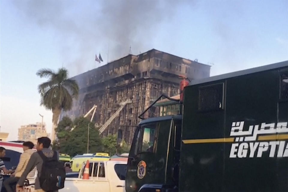 This image made from a video, shows a police headquarters in Ismailia, northeastern Egypt following a fire Monday, Oct. 2, 2023. A huge fire broke out early Monday in the police headquarters, injuring multiple people, the health ministry said. (AP Photo)