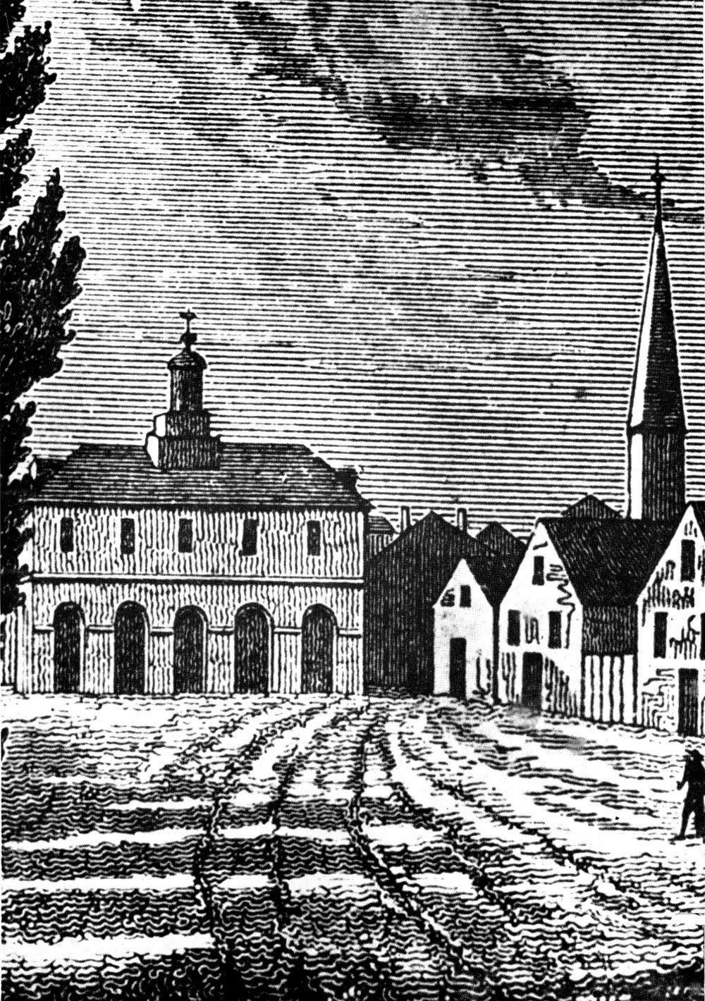 Drawing of the State House in downtown Fayetteville which was located where the Market House now stands. The state house stood from 1789-1831.