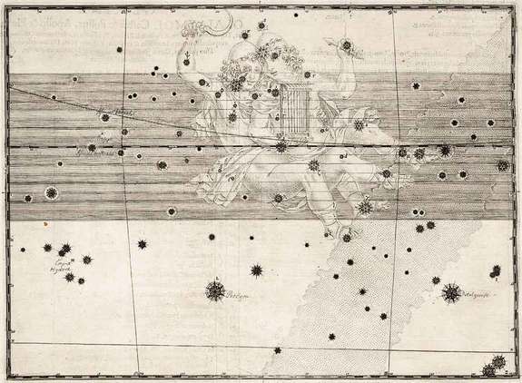 The original page for Gemini from the 1603 edition of Johann Bayer's "Uranometria." The major stars' symbols vary with brightness and are labeled with proper names or Greek letters. The wid