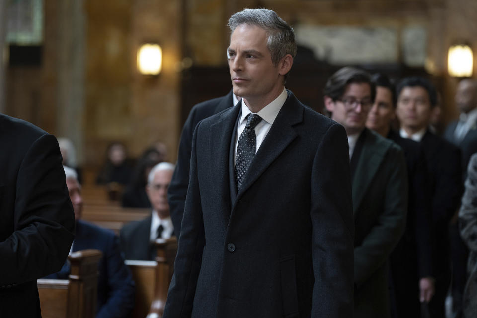 This image released by HBO shows Justin Kirk as Jeryd Mencken in a scene from the series "Succession." (HBO via AP)