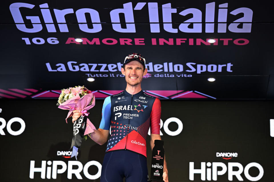 ROME ITALY  MAY 28 Derek Gee of Canada and Team Israel  Premier Tech celebrates at podium as Most Combative Prize winner during the 106th Giro dItalia 2023 Stage 21 a 126km stage from Rome to Rome  UCIWT  on May 28 2023 in Rome Italy Photo by Stuart FranklinGetty Images