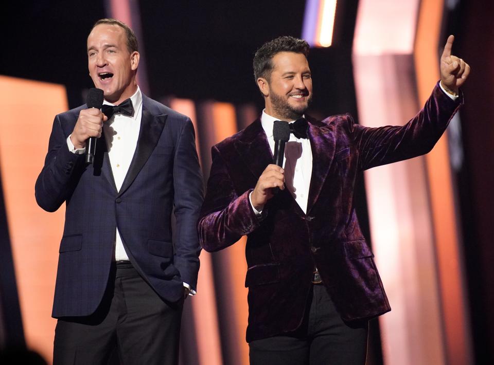 Peyton Manning and Luke Bryan hosted the 56th CMA Awards at Bridgestone Arena in 2022, in Nashville.