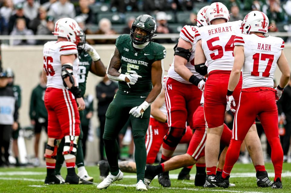 Michigan State's Jordan Hall celebrates after a defensive stop against Nebraska during the third quarter on Saturday, Nov. 4, 2023, at Spartan Stadium in East Lansing.