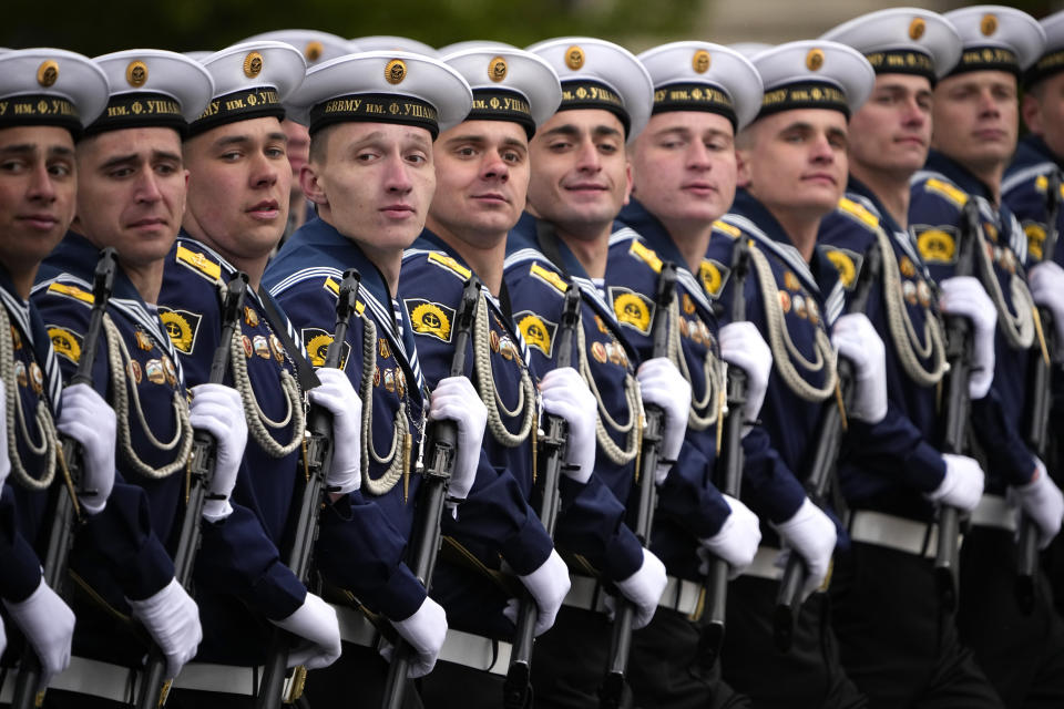 Russian servicemen march during the Victory Day military parade in Moscow, Russia, Thursday, May 9, 2024, marking the 79th anniversary of the end of World War II. (AP Photo/Alexander Zemlianichenko)