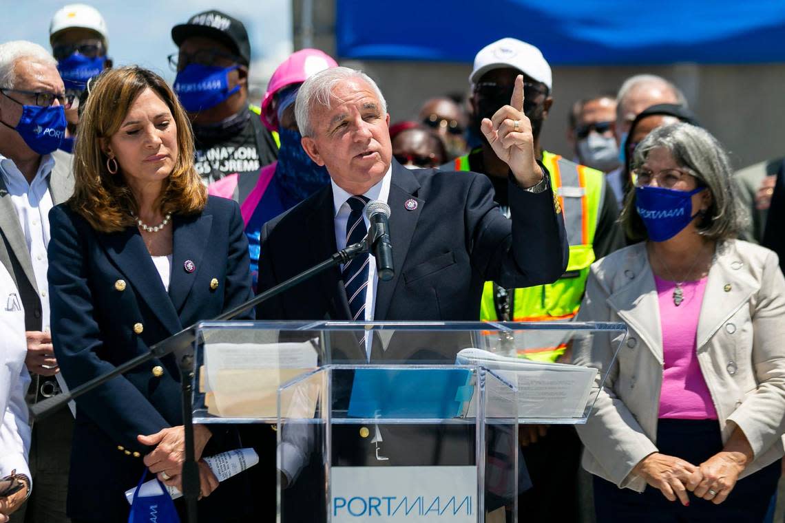 Republican U.S. Rep. Carlos Gimenez, seen here during a 2021 press conference on the cruise industry, is heavily favored to retain his congressional seat in November’s election.