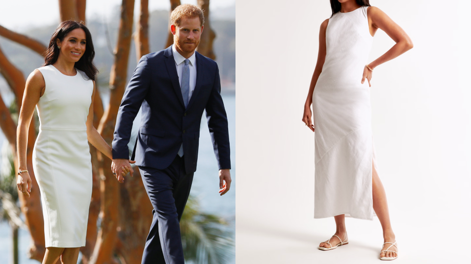 Prince Harry and the Duchess of Sussex on October 16, 2018, in Sydney, Australia and Abercrombie's High-Neck Linen-Blend Maxi Dress (Photos via Getty & Abercrombie).
