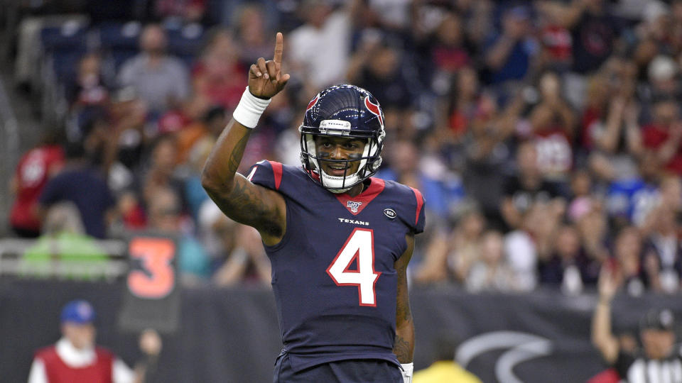 Houston Texans quarterback Deshaun Watson (4) celebrates after throwing a touchdown pass against the Detroit Lions during the first half of an NFL preseason football game Saturday, Aug. 17, 2019, in Houston. (AP Photo/Eric Christian Smith)