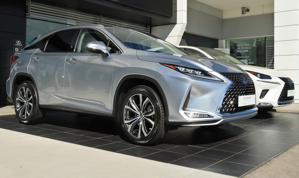 Udine, Italy. September 4, 2021. Brand new Lexus RX 450 Hybrid showing outside the official dealership