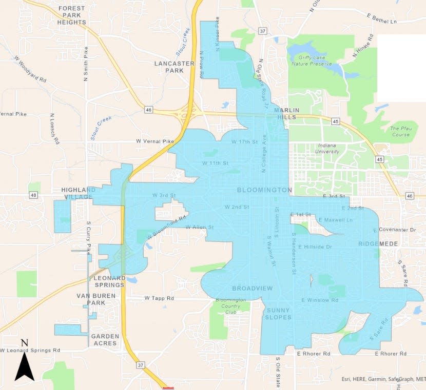 The service area, in blue, where the transit service plans to stop late-night bus service in June. Riders instead would be able to use ride-sharing services with a city subsidy of up to $19 per ride. Late-night buses would continue near the university campus.