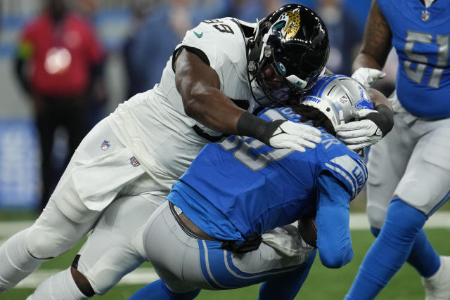 Jacksonville Jaguars linebacker Yasir Abdullah (56) watches during an  preseason NFL football game against the Detroit Lions in Detroit, Saturday,  Aug. 19, 2023. (AP Photo/Paul Sancya Stock Photo - Alamy