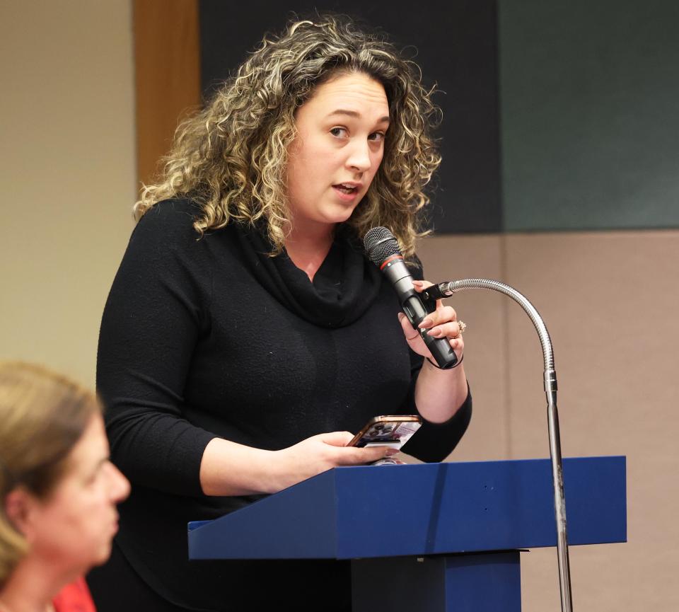 Educator Morgan Thatcher speaks at a special Brockton School Committee meeting at the Arnone School on Wednesday, Jan. 31, 2024, about safety and security.