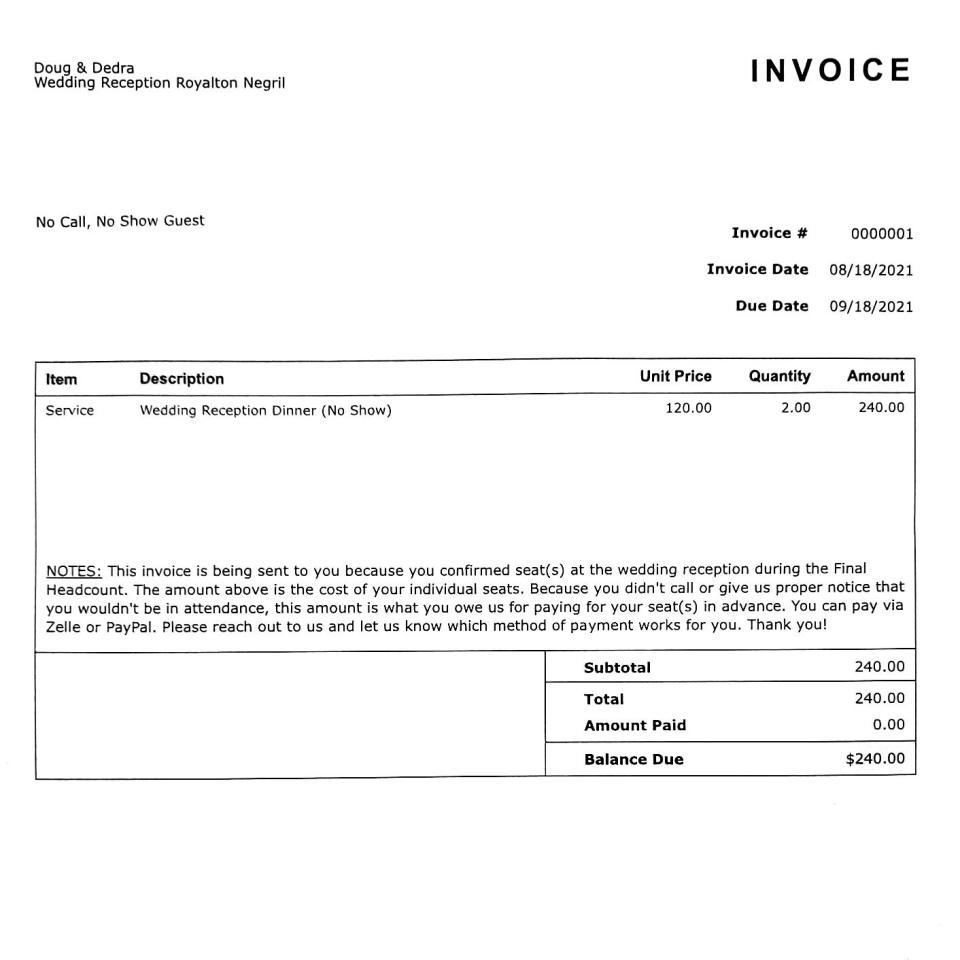 Doug Simmons posted a $240 invoice online for guests who failed to attend his wedding.
