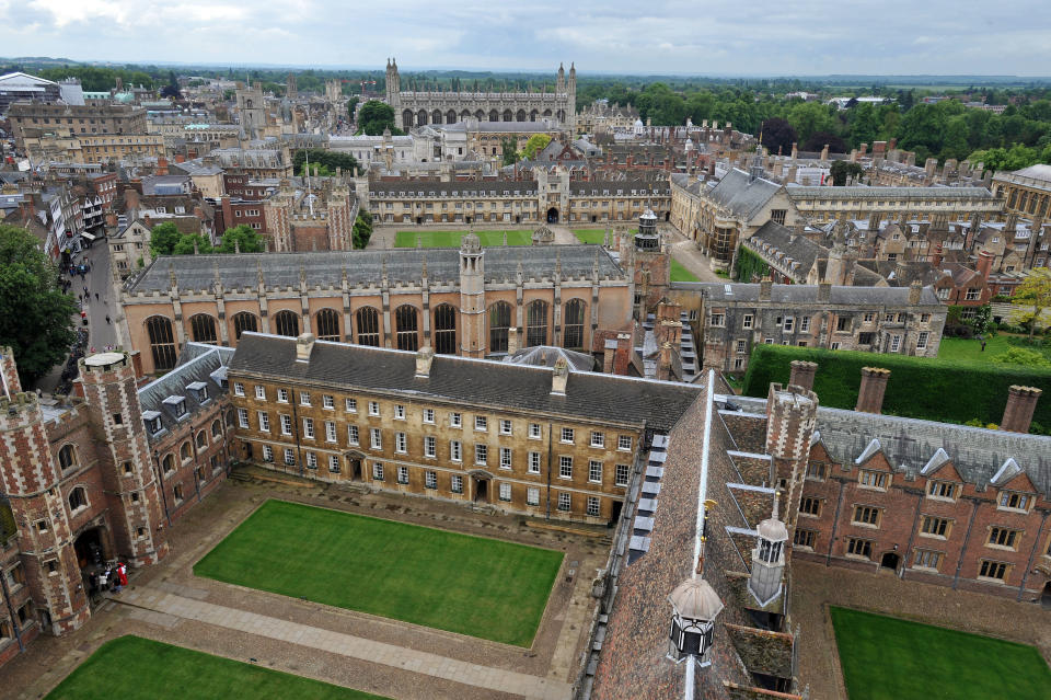 File photo dated 29/05/14 of Cambridge University buildings (front to back) the Grand Courtyard of St John's College, Trinity College, Senate House and the Old Schools, Gonville & Caius College and Kings College Chapel.