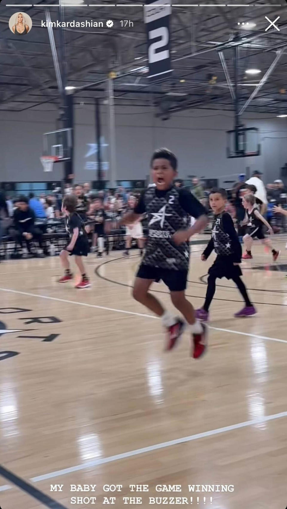Saint West scores a shot at the buzzer to take home the win for his basketball team. (@kimkardashian on Instagram)