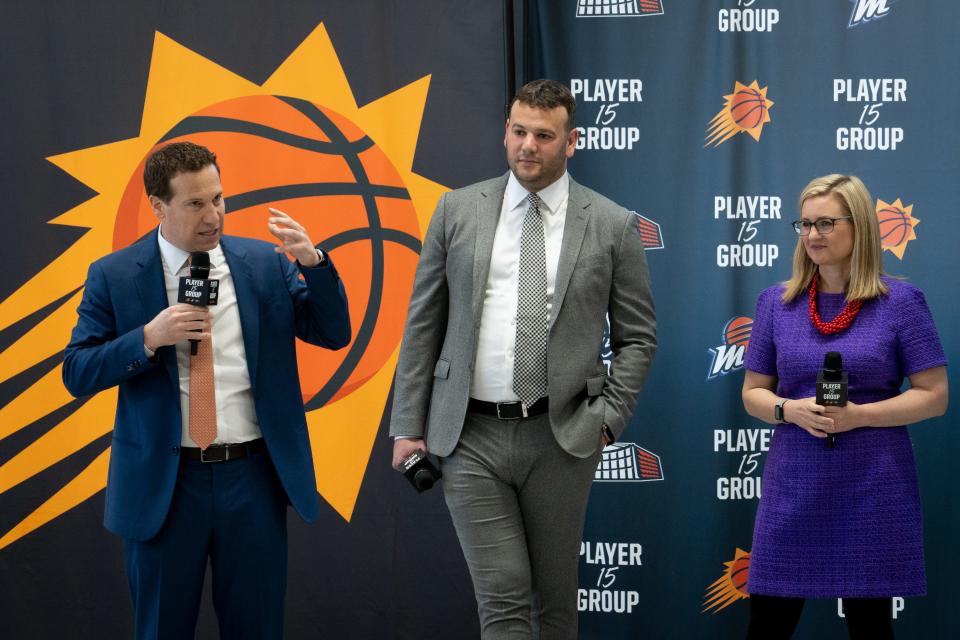 Phoenix Suns owner Mat Ishbia (left) talks during an opening event at the Phoenix Suns and Mercury new business headquarters, April 4, 2024, at 475 E Lincoln Street, Phoenix, Arizona. Looking on is Josh Bartelstein (center, CEO) and Phoenix Mayor Kate Gallego (right).