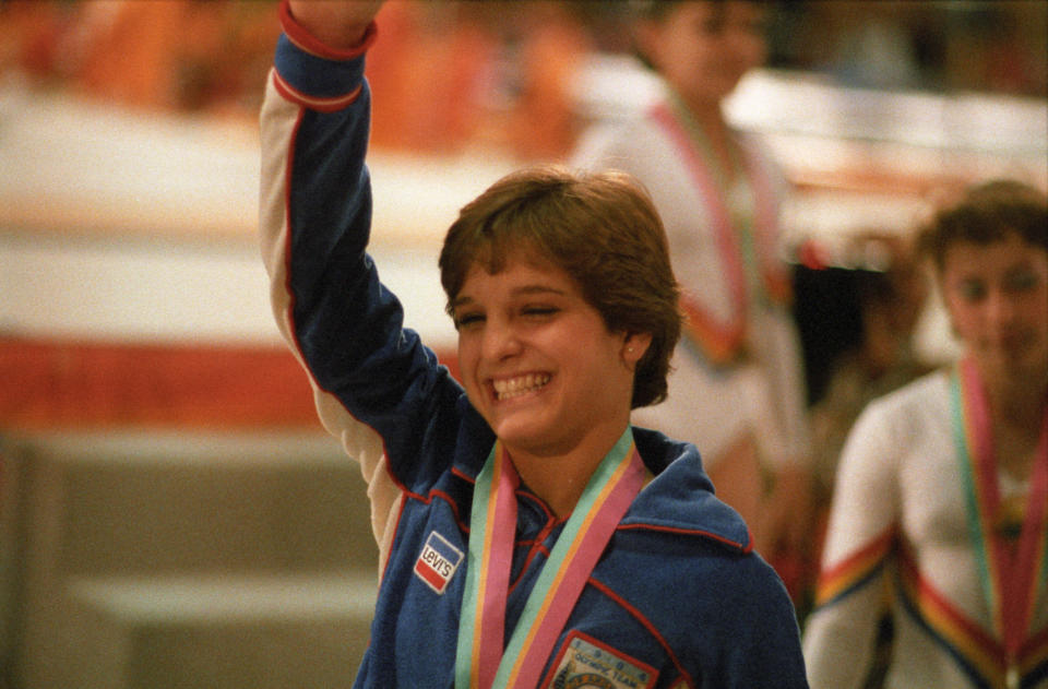 Gymnastics: 1984 Summer Olympics: USA Mary Lou Retton victorious with medal after Women's Individual All-Around competition at Pauley Pavilion.
Los Angeles, CA 8/3/1984
CREDIT: Jerry Cooke (Photo by Jerry Cooke /Sports Illustrated via Getty Images)
(Set Number: X30344 )