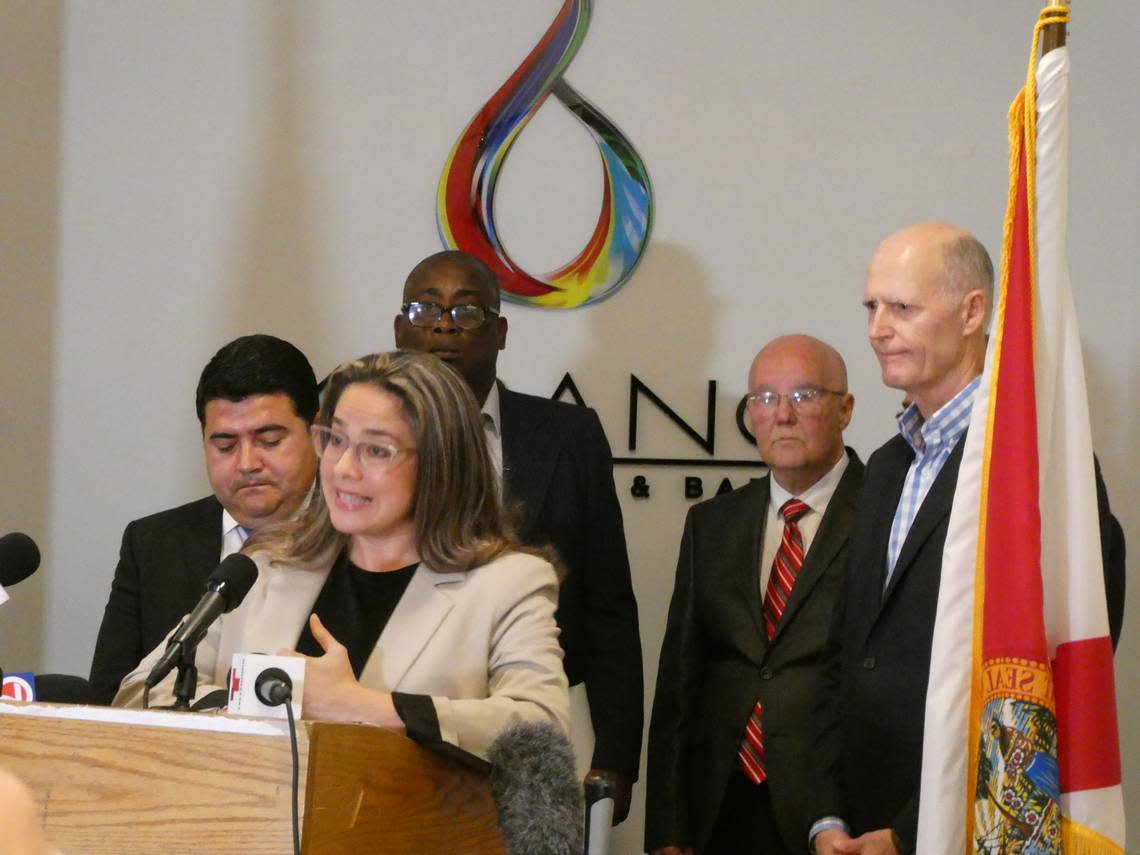 Berta Valle, wife of former Nicaraguan presidential candidate and political prisoner Félix Maradiaga, speaks during a Doral news conference hosted by U.S. Sen. Rick Scott, R-Florida, on June 12, 2023.
