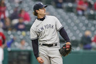 New York Yankees starting pitcher Gerrit Cole watches a triple hit by Cleveland Indians' Jose Ramirez in the fourth inning of a baseball game, Saturday, April 24, 2021, in Cleveland. (AP Photo/Tony Dejak)