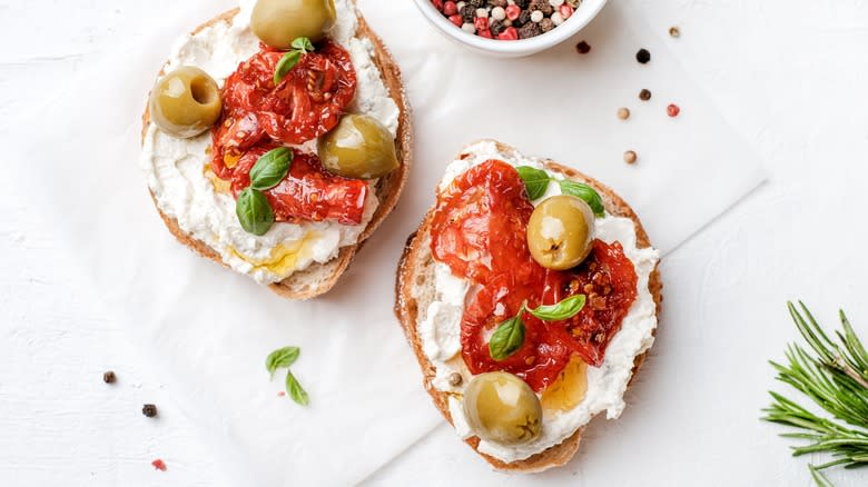 ricotta olive and tomato bruschetta 