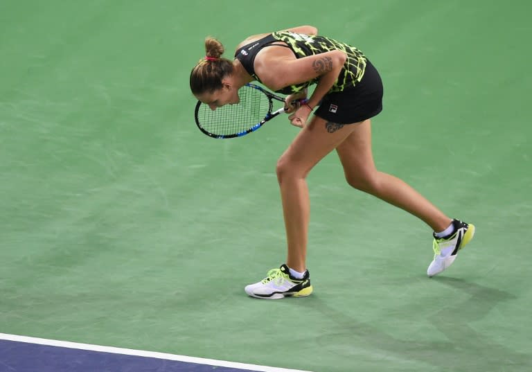 Czech Republic's Karolina Pliskova reacts during FedCup World Cup first round tennis match against Romania's Simona Halep (unseen) at "Sala Polivalenta Cluj Napoca" hall in Cluj Napoca city, on February 6, 2016