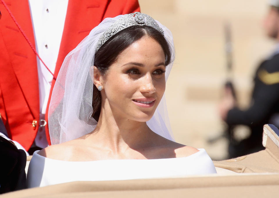 Meghan wore Queen Mary’s diamond bandeau tiara (PA)