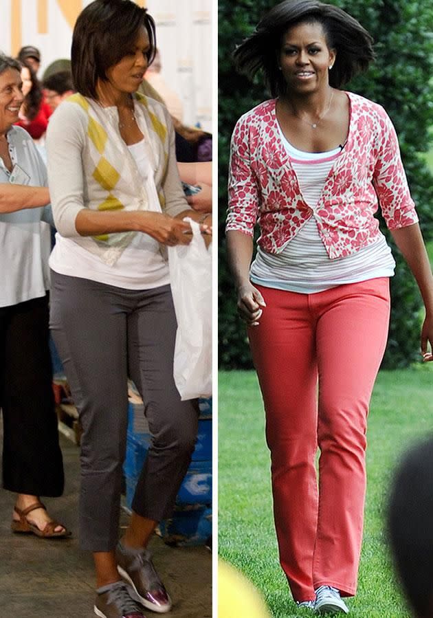 Michelle Obama was known for wearing sneakers and casual J. Crew clothes. Photo: Getty