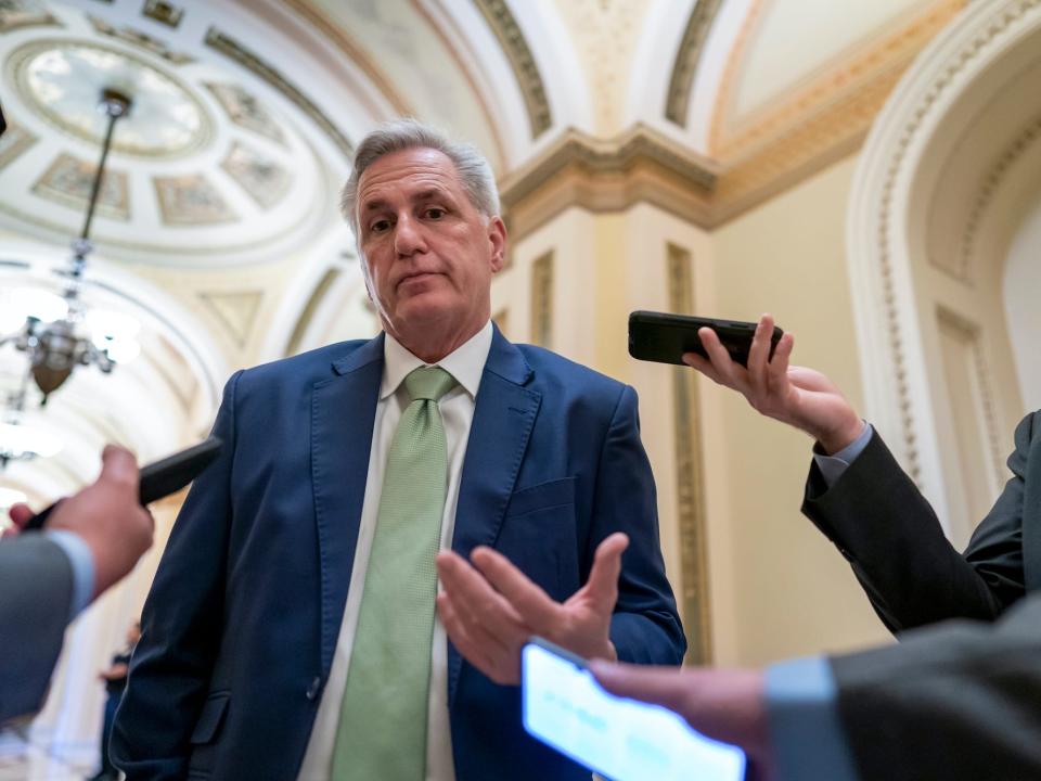 House Minority Leader Kevin McCarthy, R-Calif., talks to reporters at the Capitol in Washington, April 6, 2022