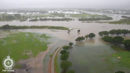 Flooding is seen in Bicentennial Park in Queensland, Australia, in this still photo from a February 3, 2019 drone video footage by Queensland Fire and Emergency Services. Queensland Fire and Emergency Services/Social Media/via REUTERS