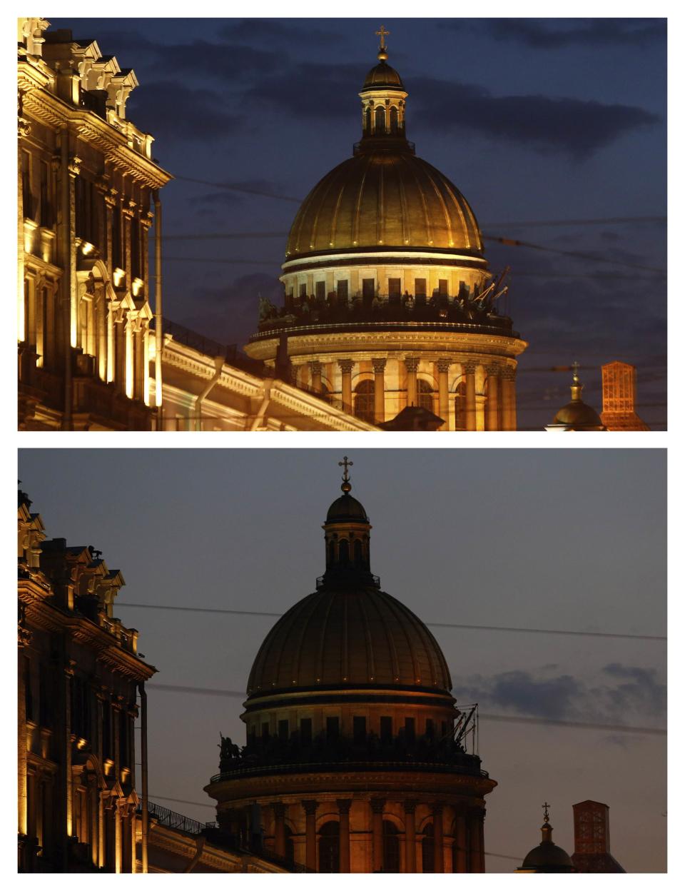 Combination photo of Saint Isaac's Cathedral after and during Earth Hour in St. Petersburg