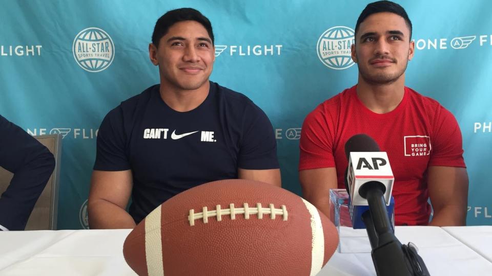 NRL players Jason Taumalolo (left) and Valentine Holmes sought to impress NFL scouts in 2016