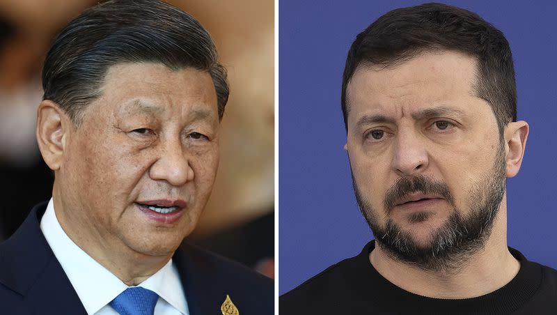This combination of file photos shows China’s President Xi Jinping, taken in Bangkok, Thailand, on Nov. 19, 2022, and Ukrainian President Volodymyr Zelenskyy taken outside Kyiv, Ukraine, on April 7, 2023. Xi talked Wednesday, April 26, 2023, with Zelenskyy by phone and appealed for negotiations in Russia’s war against his country.