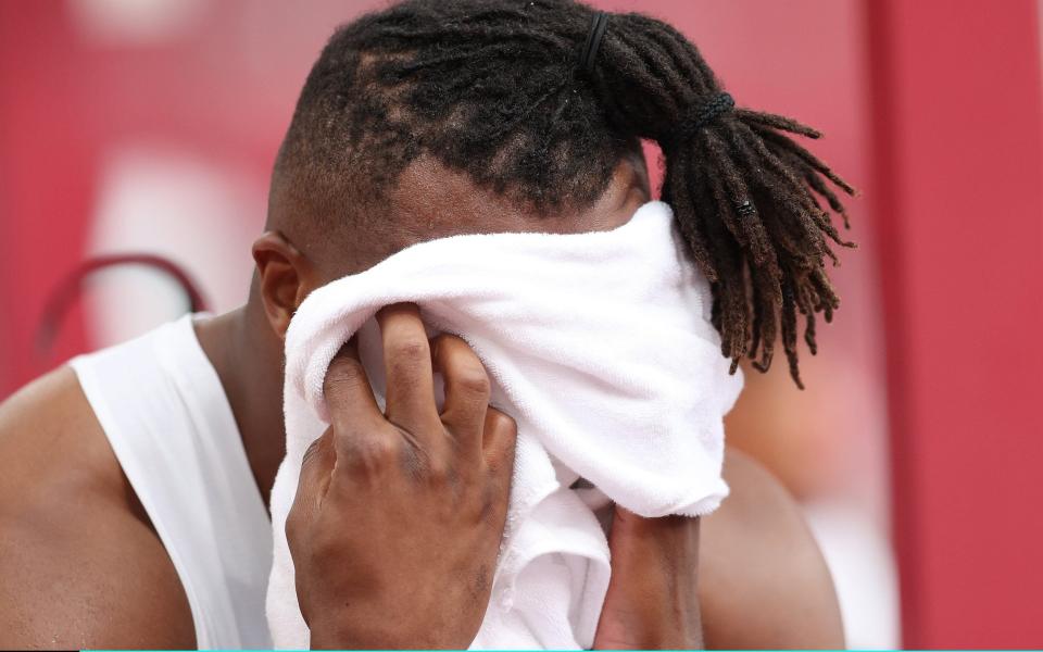 Lawrence Okoye of Team Great Britain reacts as he competes in the Men's Discus Throw Qualification on day seven of the Tokyo 2020 Olympic Games at Olympic Stadium on July 30, 2021 in Tokyo, Japan. - Patrick Smith/Getty Images