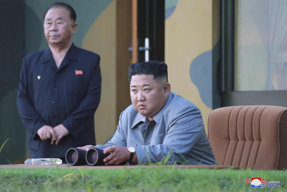 FILE - In this July 25, 2019, photo provided on Friday, July 26, 2019, by the North Korean government, North Korean leader Kim Jong Un watches a missile test in North Korea. South Korea's military said Friday, Aug. 16, North Korea fired more projectiles into the sea to extend a recent streak of weapons tests believed to be aimed at pressuring Washington and Seoul over slow nuclear diplomacy. Independent journalists were not given access to cover the event depicted in this image distributed by the North Korean government. The content of this image is as provided and cannot be independently verified. Korean language watermark on image as provided by source reads: "KCNA" which is the abbreviation for Korean Central News Agency. (Korean Central News Agency/Korea News Service via AP, File)