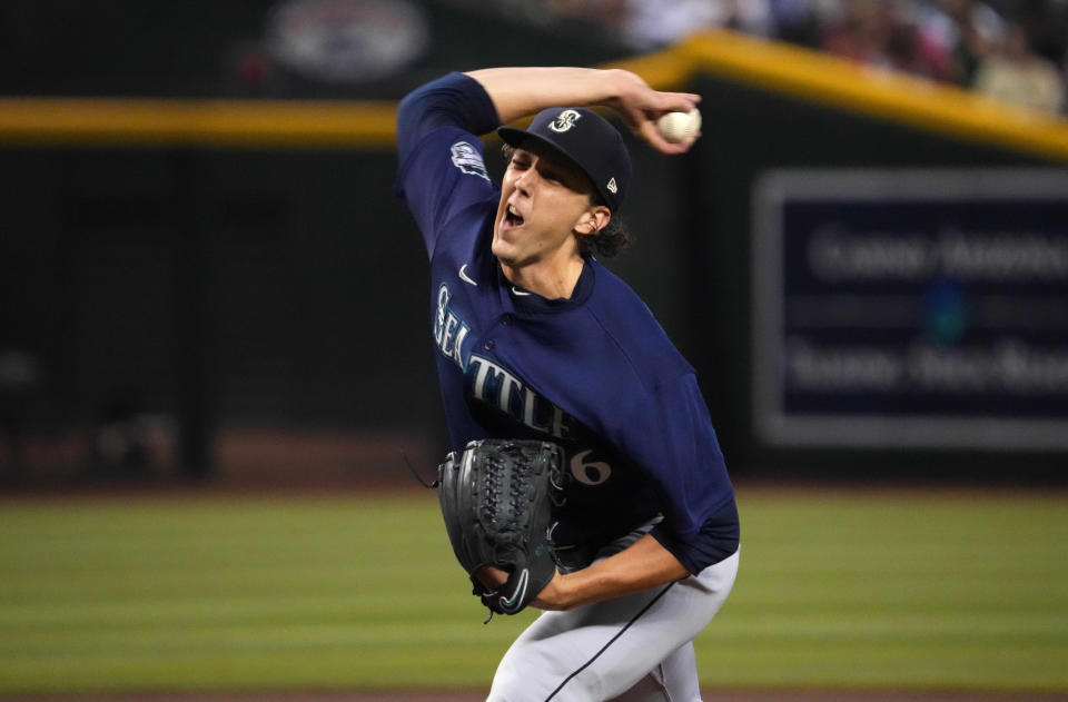 Seattle Mariners starting pitcher Logan Gilbert (36) pitches against the Arizona Diamondbacks during the first inning at Chase Field in Phoenix on July 28, 2023.