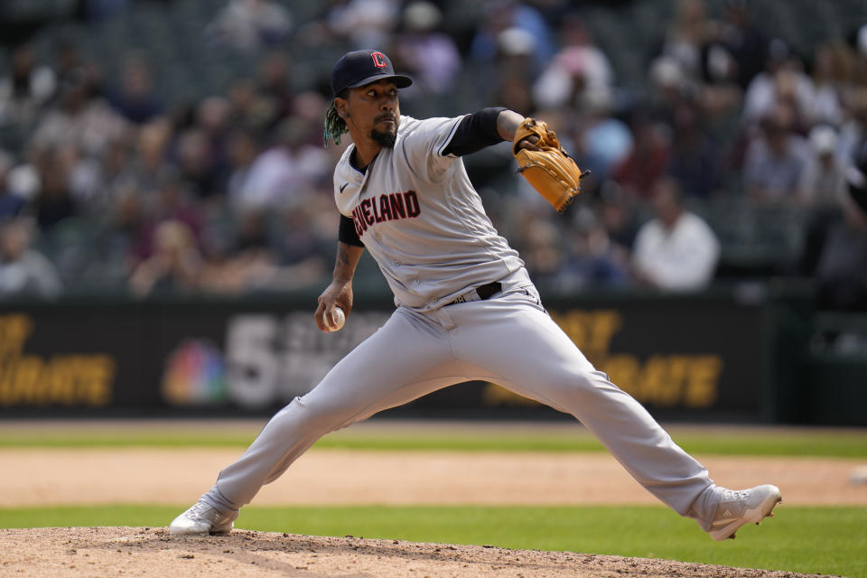 Cleveland Guardians relief pitcher Emmanuel Clase throws during the ninth inning of a baseball game against the Chicago White Sox, Thursday, May 18, 2023, in Chicago. The Guardians won 3-1. (AP Photo/Erin Hooley)