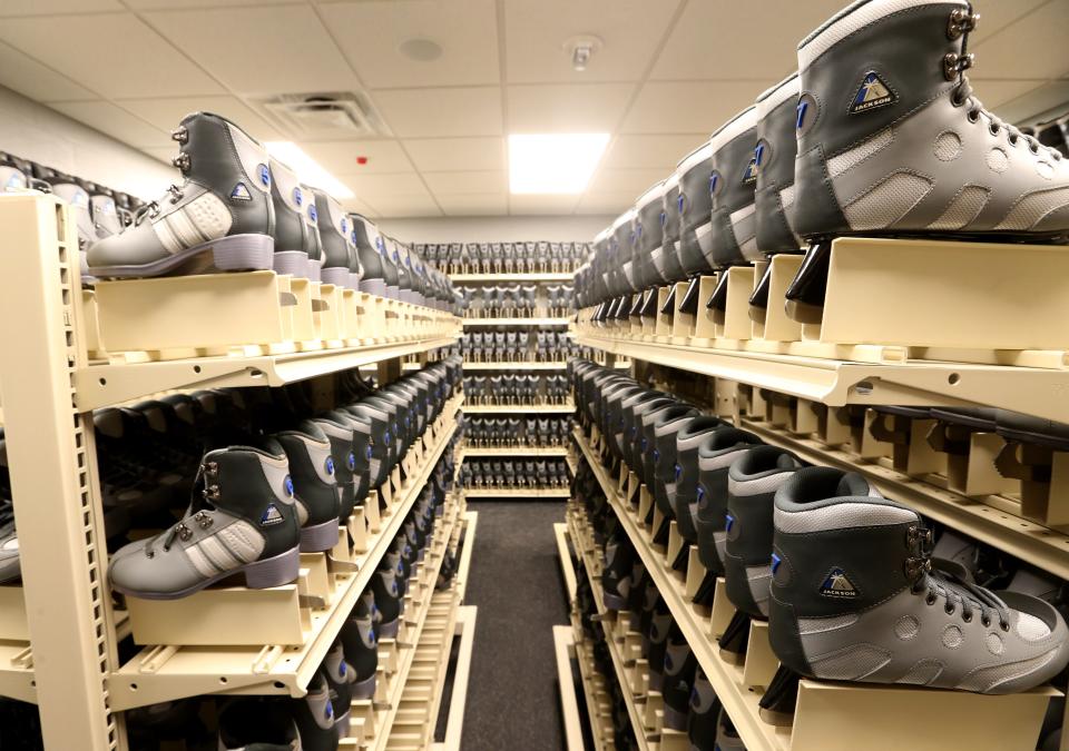 The long Iines of new skates sit on shelves Thursday, Nov. 17, 2022, at Ironworks Ice Rink/Events Center/Cafe in Beutter Park in downtown Mishawaka.