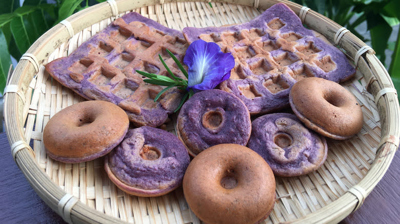 purple sweet potato waffles, donuts, and bagels