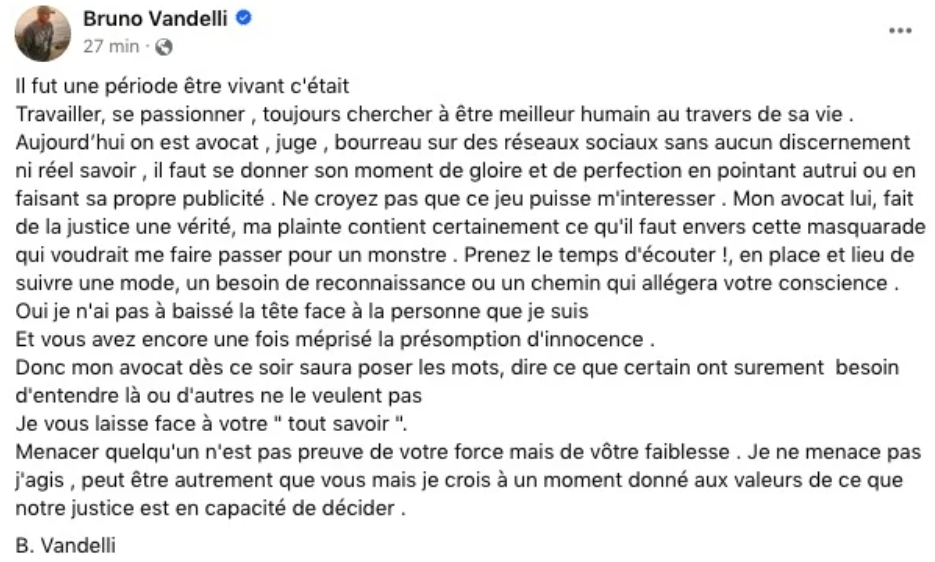 Le message intégral de Bruno Vandelli posté sur ses réseaux sociaux pour répondre aux accusations et à la plainte déposée par Yanis Marshall. 